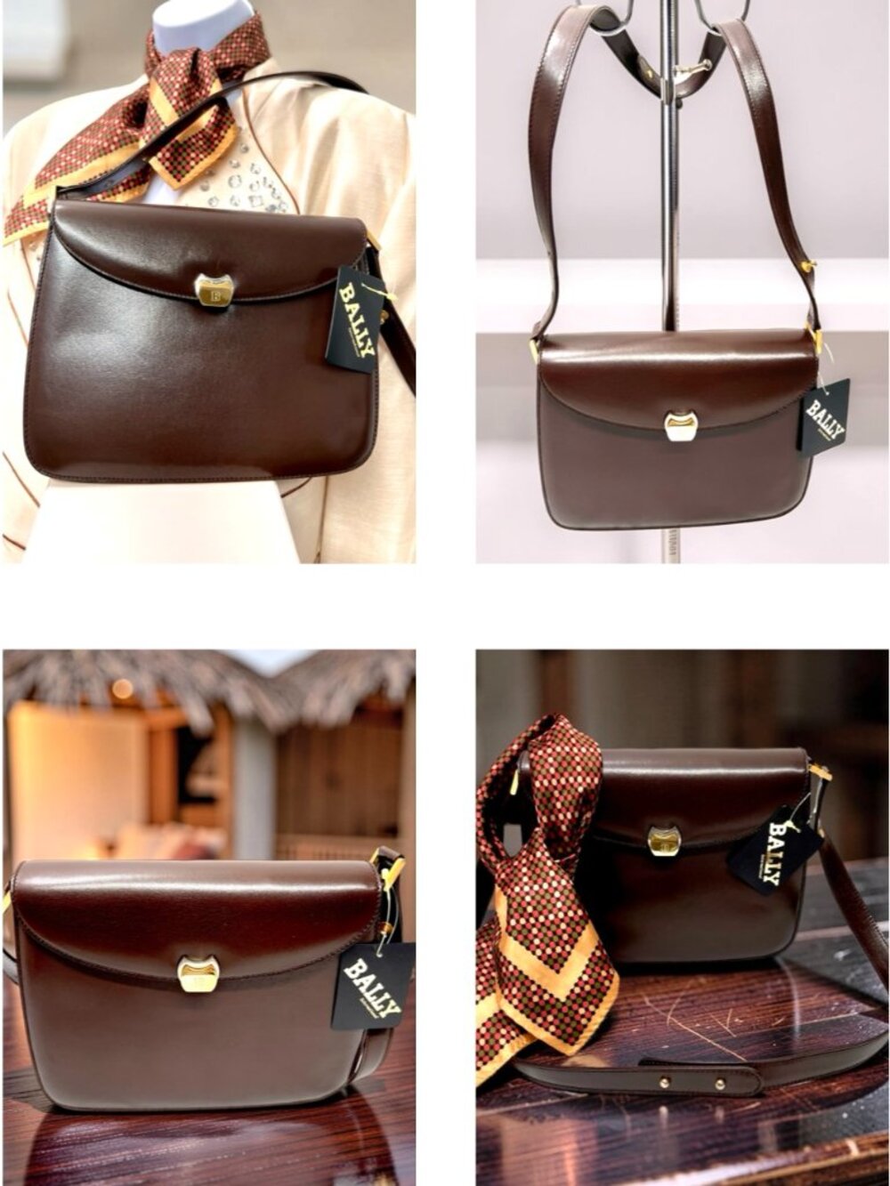 NEW Classic Evening Bally Shoulder Bag Brown Leather +100% Silk Scarf(9 - Picture 1 of 16